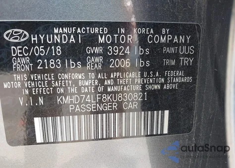 2019 Hyundai Elantra Se from USA, damaged, VIN KMHD74LF8KU830821
